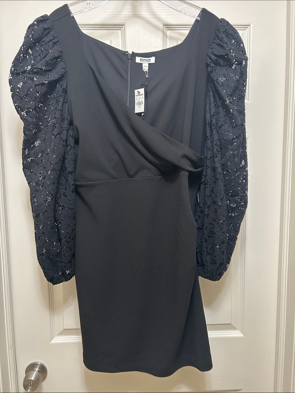 Express Edition Black V Neck Lace Sleeve Dress - XL